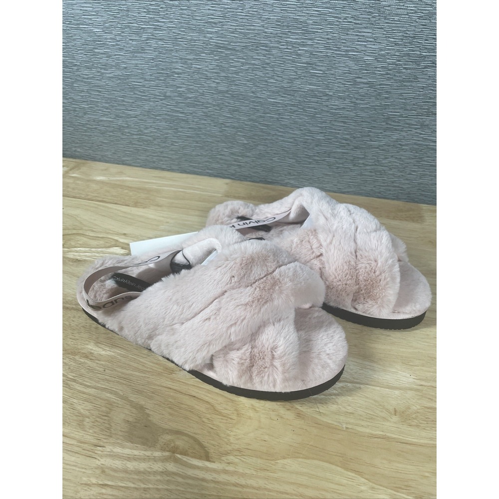 Calvin Klein Womens Slippers‎ Fluffy Pink Slip On Slides Size 9 - NEW